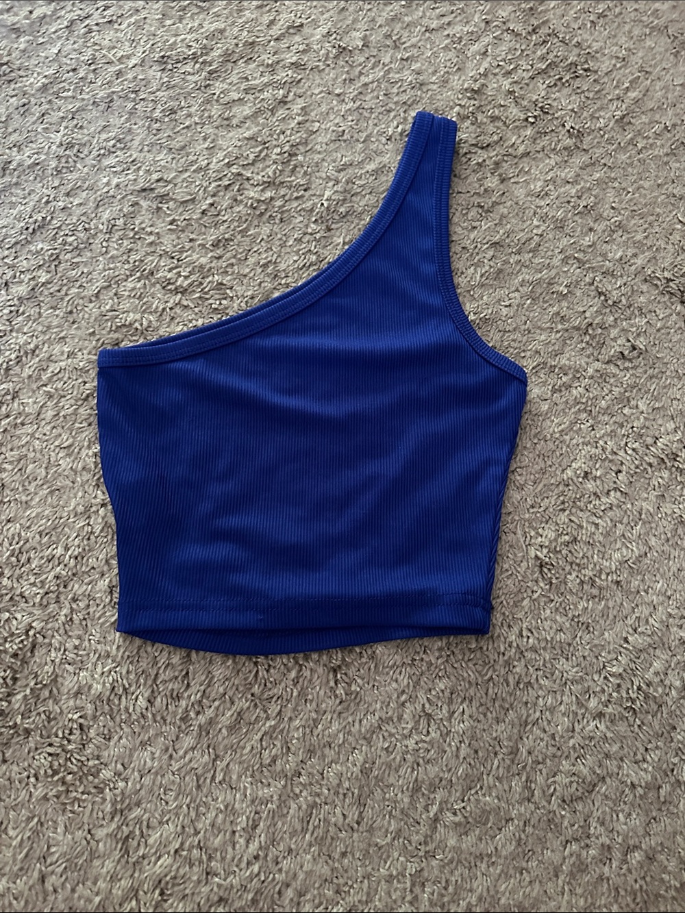 Blue One-Shoulder Ribbed Crop Top